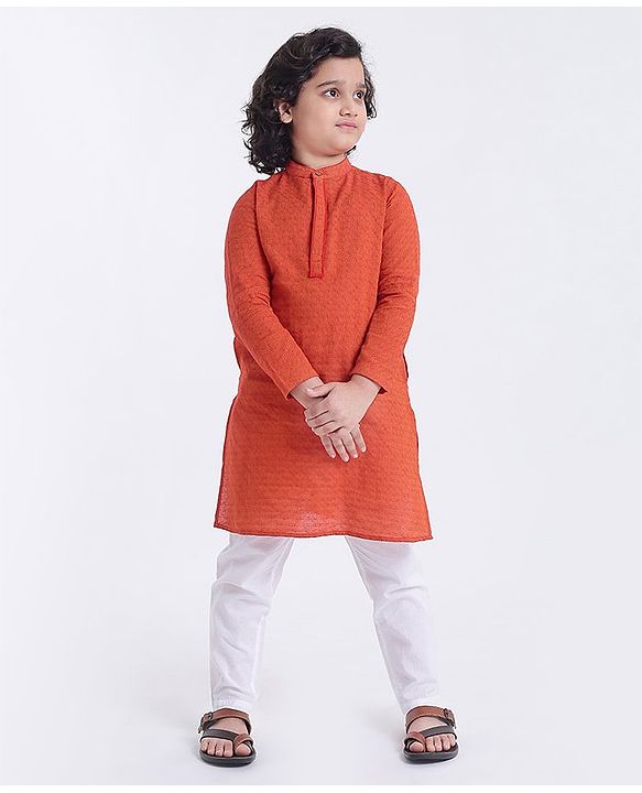 Pine Kids Full Sleeves Kurta With Embroidered Placket & Pyjama - Red White