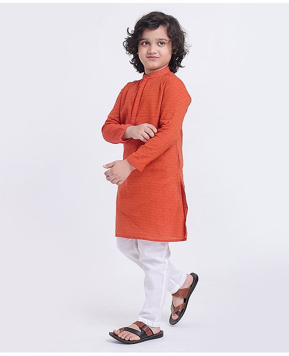 Pine Kids Full Sleeves Kurta With Embroidered Placket & Pyjama - Red White