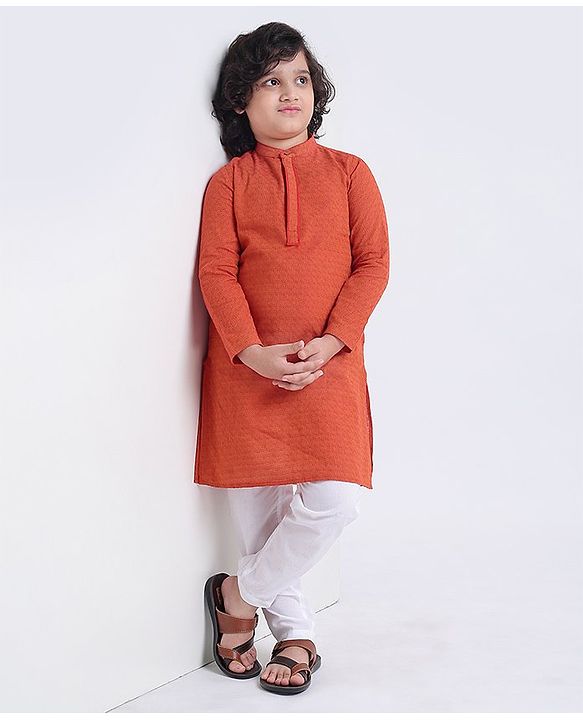 Pine Kids Full Sleeves Kurta With Embroidered Placket & Pyjama - Red White
