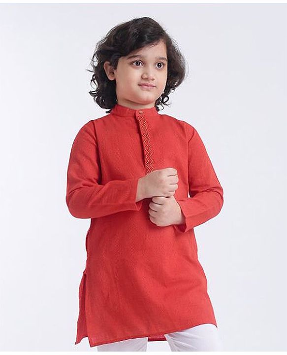 Pine Kids Full Sleeves Kurta With Embroidered Placket  - Red White