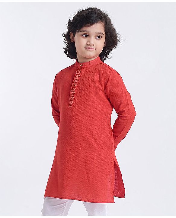 Pine Kids Full Sleeves Kurta With Embroidered Placket  - Red White