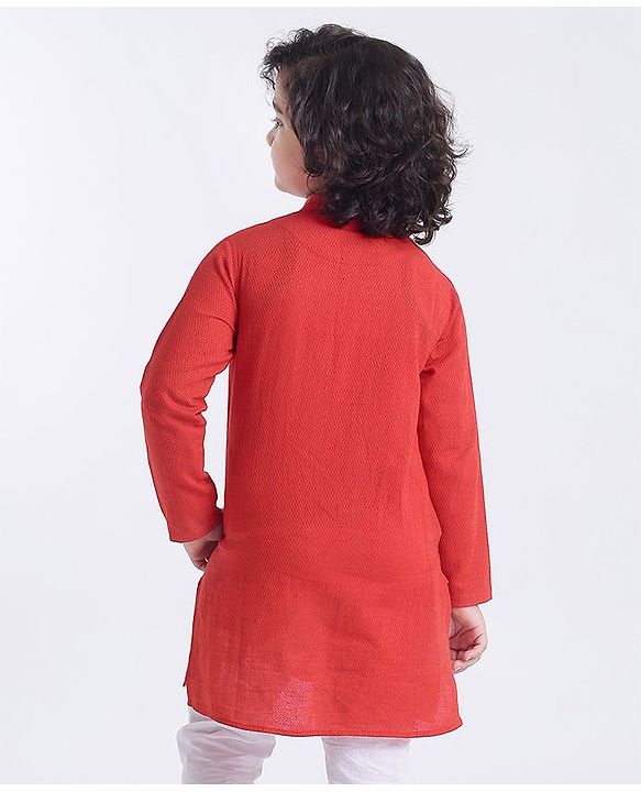 Pine Kids Full Sleeves Kurta With Embroidered Placket  - Red White