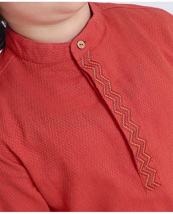 Pine Kids Full Sleeves Kurta With Embroidered Placket  - Red White