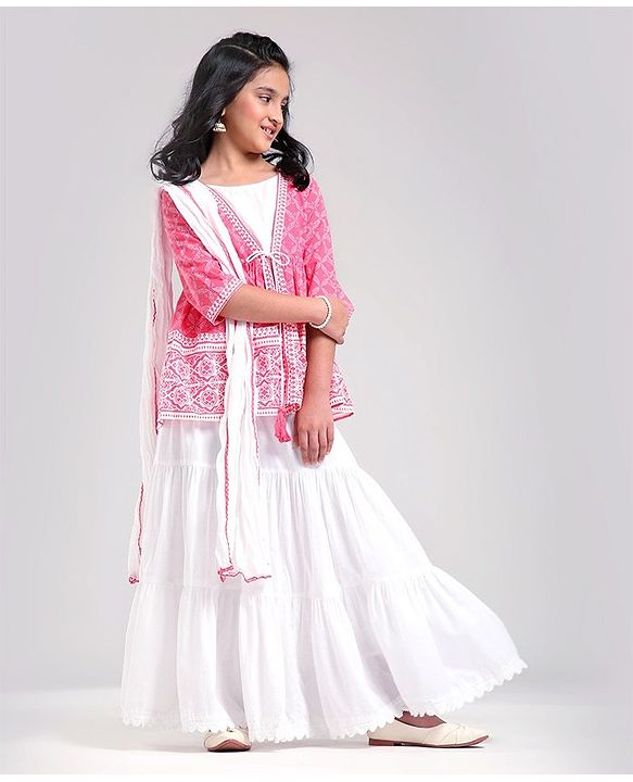 Pine Kids Printed Angarkha Top With Lehenga & Dupatta - Pink