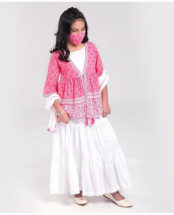 Pine Kids Printed Angarkha Top With Lehenga & Dupatta - Pink