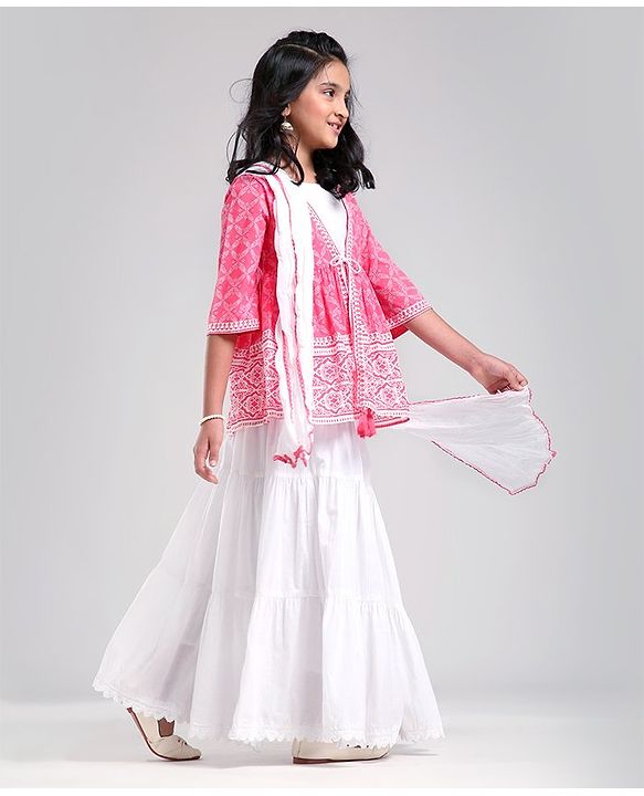 Pine Kids Printed Angarkha Top With Lehenga & Dupatta - Pink