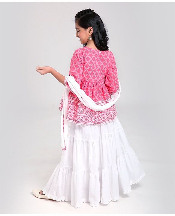 Pine Kids Printed Angarkha Top With Lehenga & Dupatta - Pink
