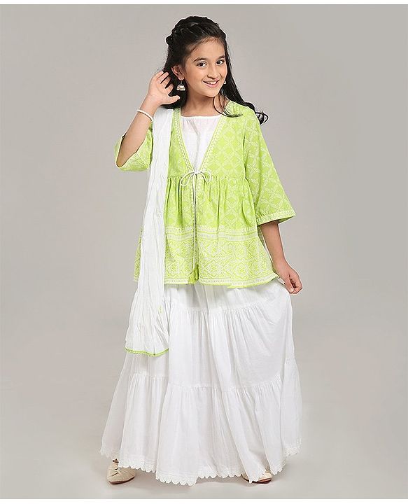 Pine Kids Printed Indo Western Ethnic Set with Mask - Green