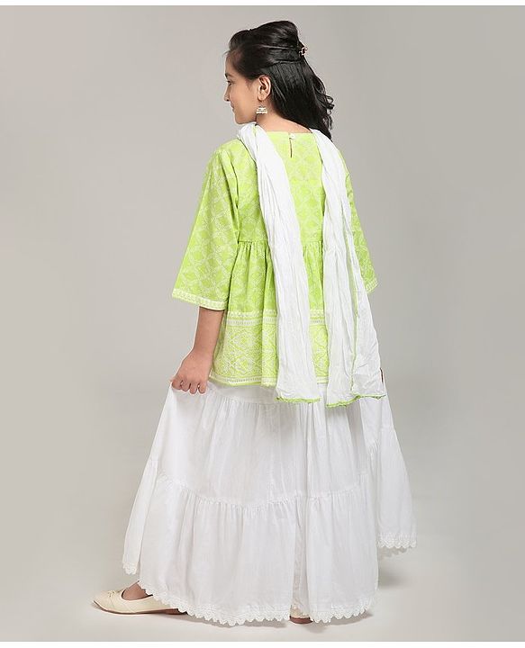 Pine Kids Printed Indo Western Ethnic Set with Mask - Green