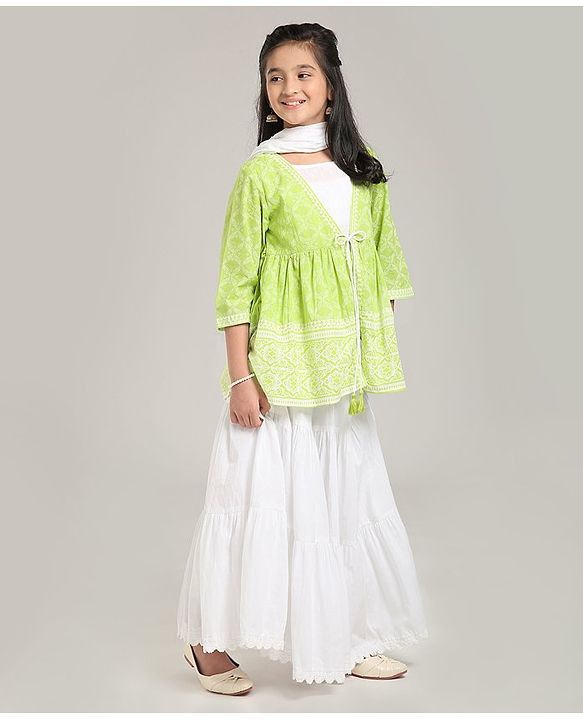 Pine Kids Printed Indo Western Ethnic Set with Mask - Green