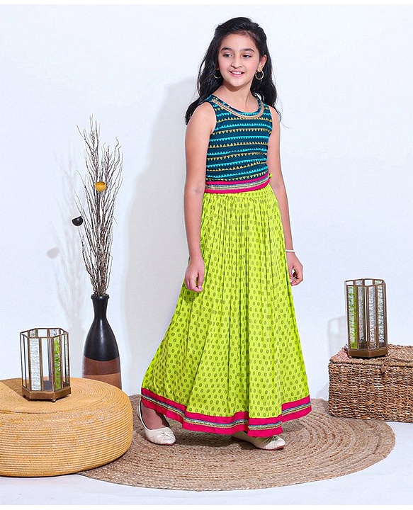 Pine Kids Sleeveless Choli And Printed Lehenga Set With Lace Detailing at Hem - Blue Green