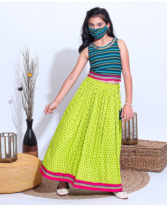 Pine Kids Sleeveless Choli And Printed Lehenga Set With Lace Detailing at Hem - Blue Green