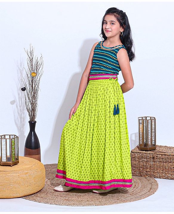 Pine Kids Sleeveless Choli And Printed Lehenga Set With Lace Detailing at Hem - Blue Green