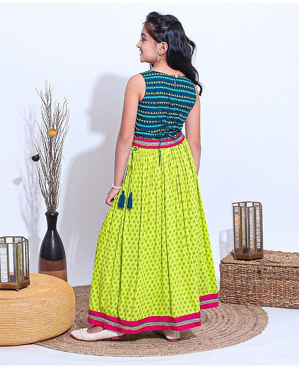 Pine Kids Sleeveless Choli And Printed Lehenga Set With Lace Detailing at Hem - Blue Green