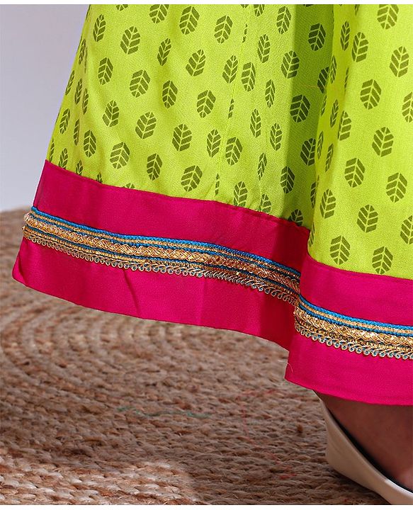 Pine Kids Sleeveless Choli And Printed Lehenga Set With Lace Detailing at Hem - Blue Green