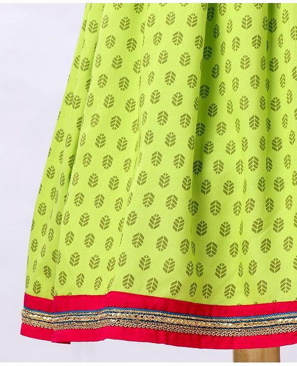 Pine Kids Sleeveless Choli And Printed Lehenga Set With Lace Detailing at Hem - Blue Green