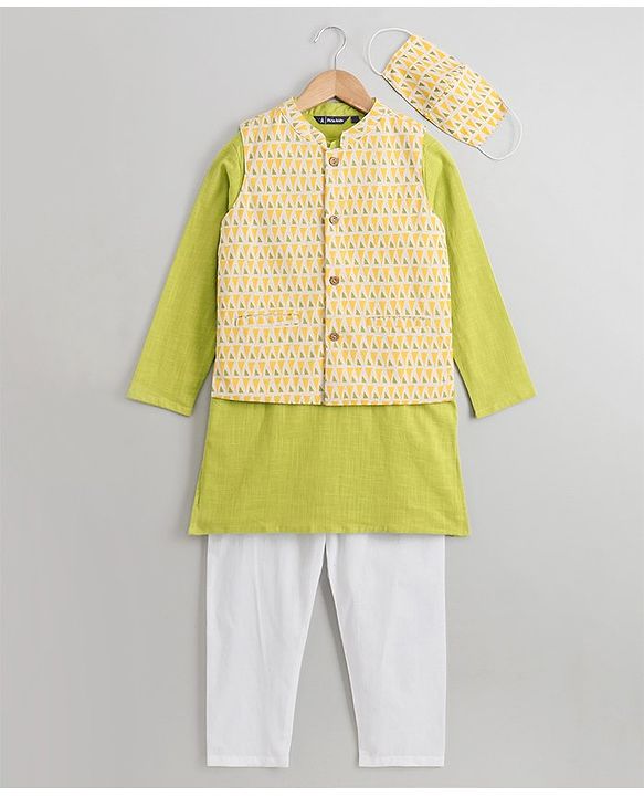 Pine Kids Full Sleeves Printed Kurta Nehru Jacket & Pyjama with Mask - Green