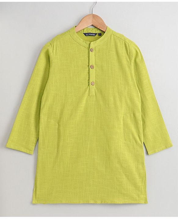 Pine Kids Full Sleeves Printed Kurta Nehru Jacket & Pyjama with Mask - Green