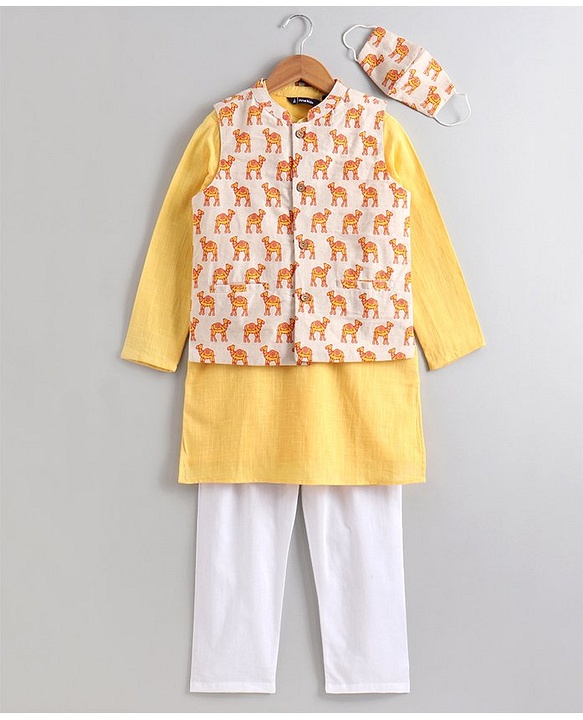 Pine Kids Full Sleeves Printed Kurta Nehru Jacket & Pyjama with Mask - Yellow