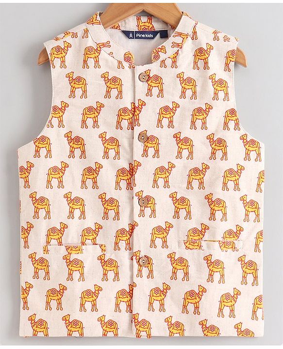 Pine Kids Full Sleeves Printed Kurta Nehru Jacket & Pyjama with Mask - Yellow