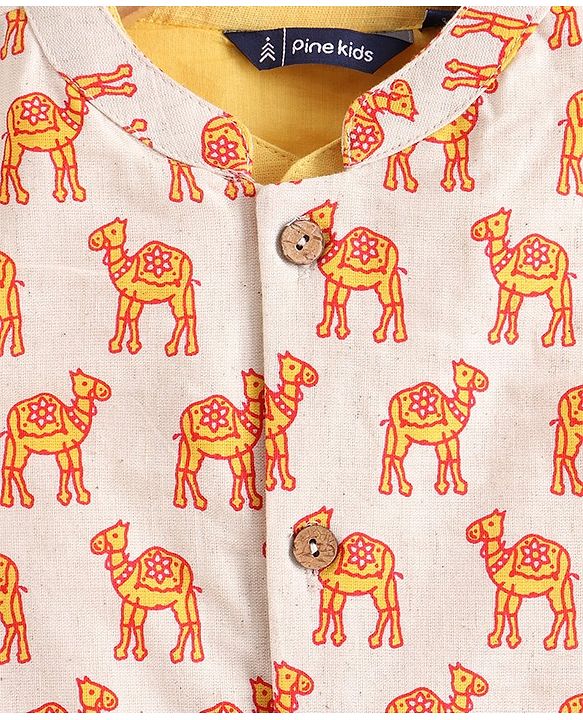 Pine Kids Full Sleeves Printed Kurta Nehru Jacket & Pyjama with Mask - Yellow