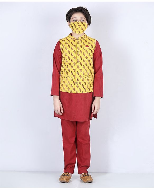Pine Kids Full Sleeves Printed Kurta Nehru Jacket & Pyjama with Mask - Yellow Maroon