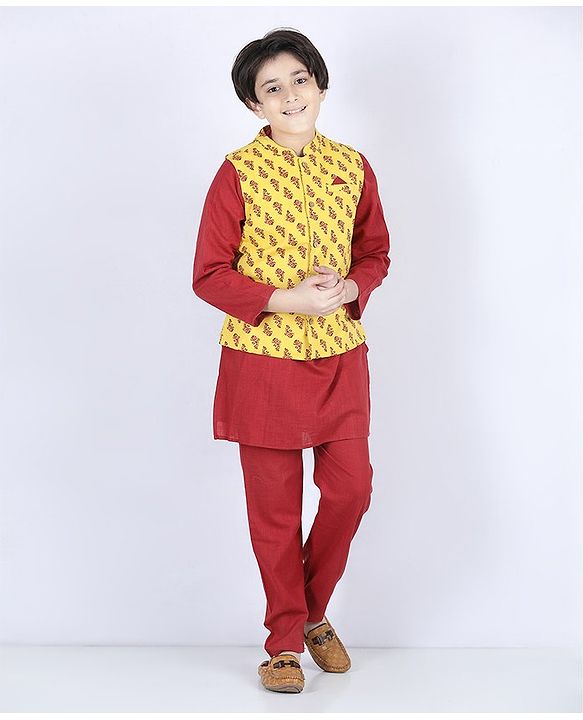 Pine Kids Full Sleeves Printed Kurta Nehru Jacket & Pyjama with Mask - Yellow Maroon