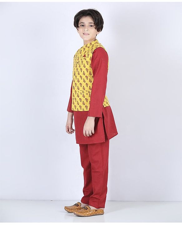 Pine Kids Full Sleeves Printed Kurta Nehru Jacket & Pyjama with Mask - Yellow Maroon