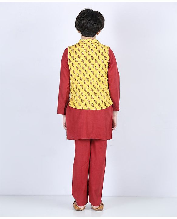 Pine Kids Full Sleeves Printed Kurta Nehru Jacket & Pyjama with Mask - Yellow Maroon