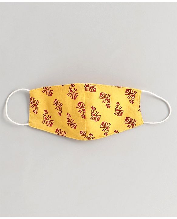 Pine Kids Full Sleeves Printed Kurta Nehru Jacket & Pyjama with Mask - Yellow Maroon