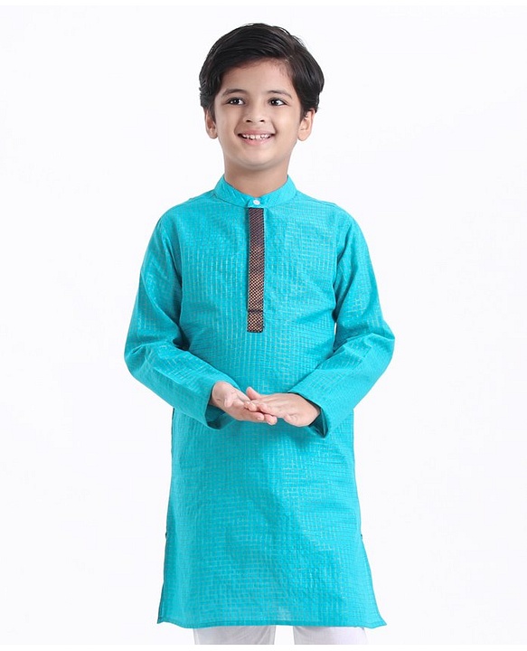 Pine Kids Full Sleeves Kurta With Embroidered Placket - Aqua Blue
