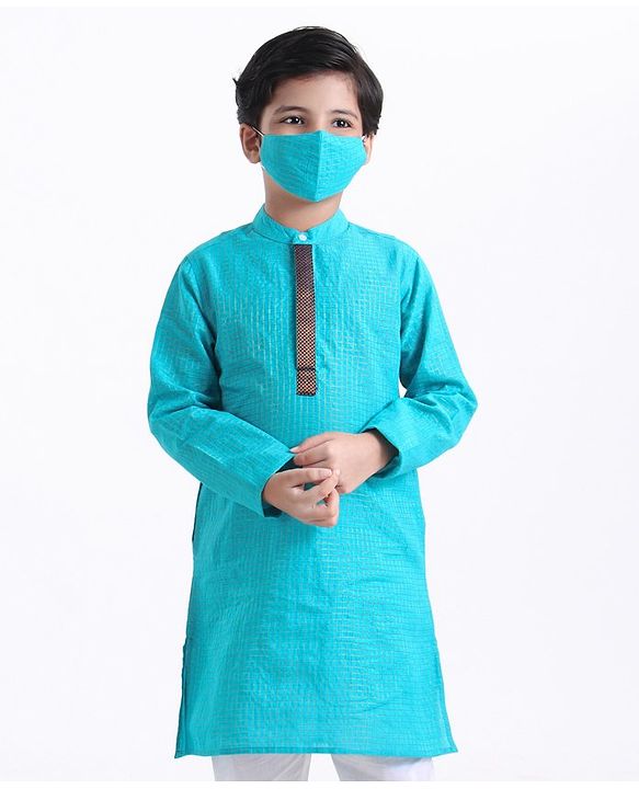Pine Kids Full Sleeves Kurta With Embroidered Placket - Aqua Blue