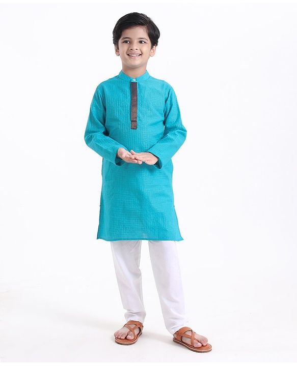 Pine Kids Full Sleeves Kurta With Embroidered Placket - Aqua Blue