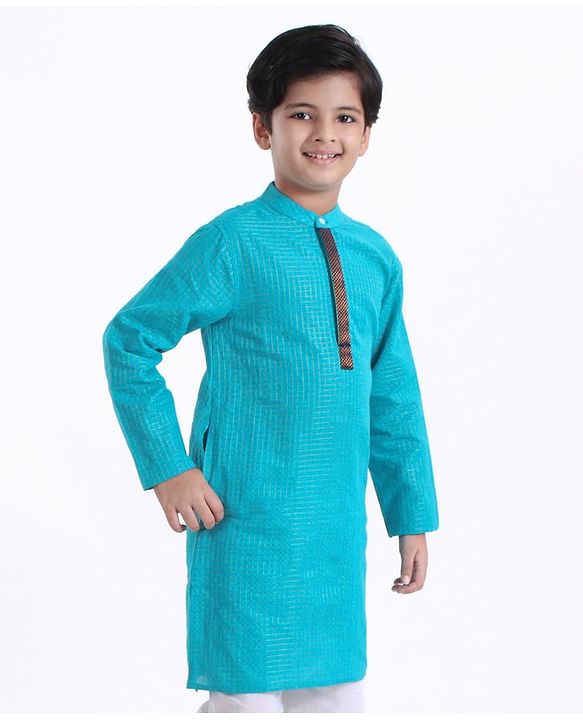 Pine Kids Full Sleeves Kurta With Embroidered Placket - Aqua Blue