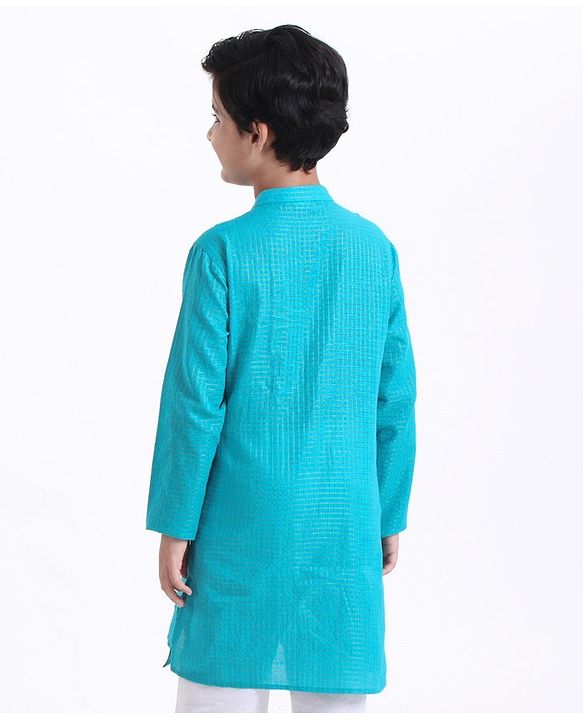 Pine Kids Full Sleeves Kurta With Embroidered Placket - Aqua Blue