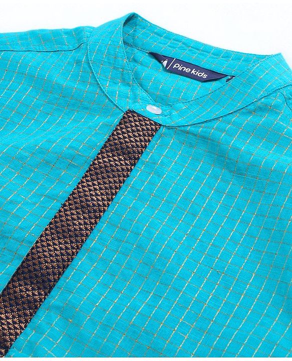Pine Kids Full Sleeves Kurta With Embroidered Placket - Aqua Blue