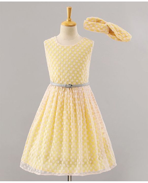 Pine Kids Sleeveless Frock with Nylon Mesh Embroidery All Over - Yellow