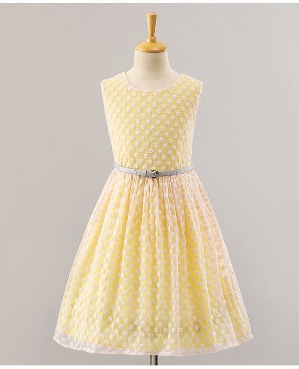 Pine Kids Sleeveless Frock with Nylon Mesh Embroidery All Over - Yellow