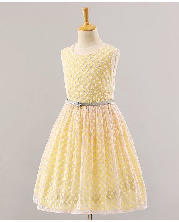 Pine Kids Sleeveless Frock with Nylon Mesh Embroidery All Over - Yellow