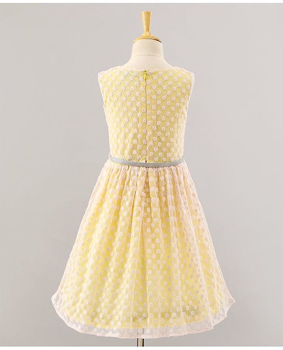 Pine Kids Sleeveless Frock with Nylon Mesh Embroidery All Over - Yellow
