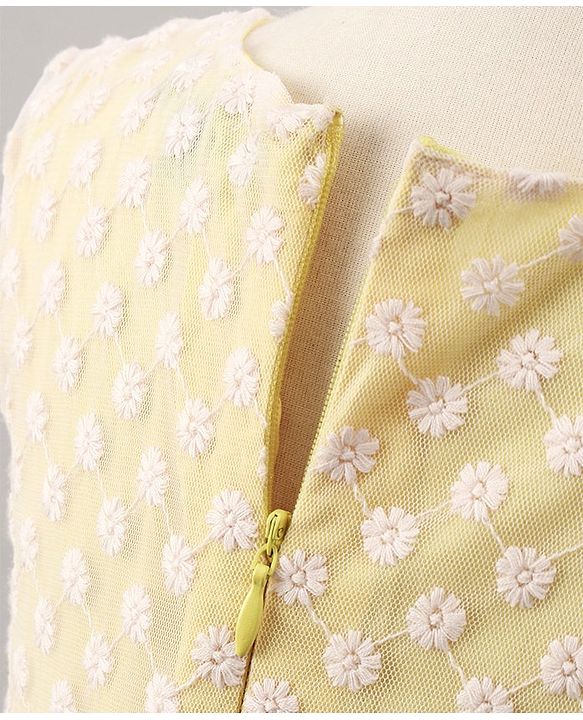 Pine Kids Sleeveless Frock with Nylon Mesh Embroidery All Over - Yellow