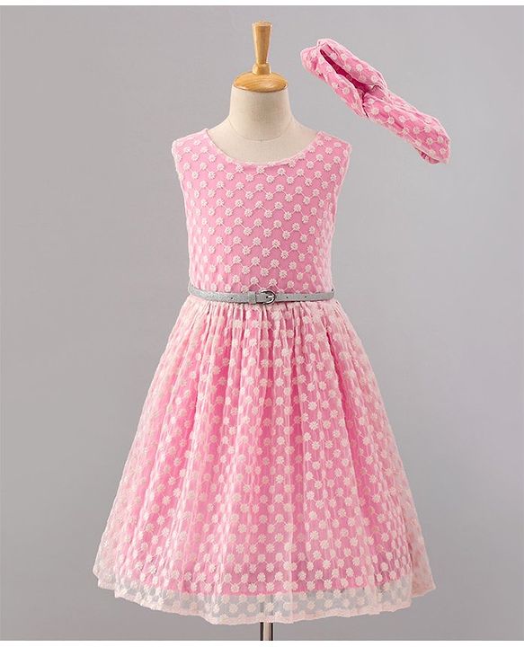 Pine Kids Sleeveless Frock with Nylon Mesh Embroidery All Over - Pink