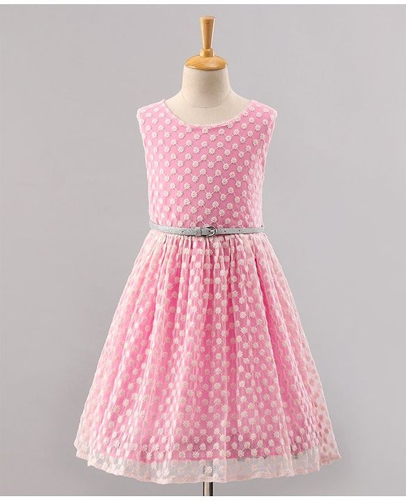 Pine Kids Sleeveless Frock with Nylon Mesh Embroidery All Over - Pink