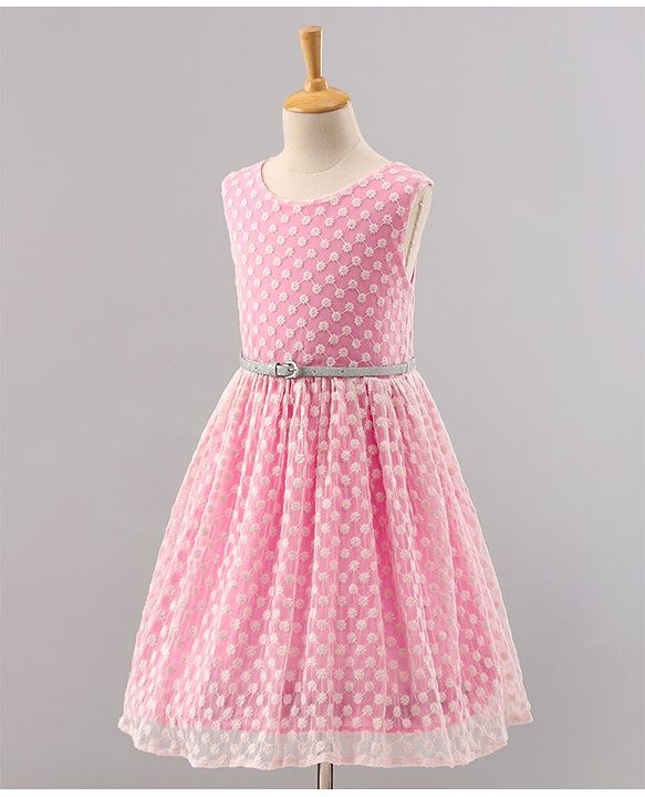 Pine Kids Sleeveless Frock with Nylon Mesh Embroidery All Over - Pink