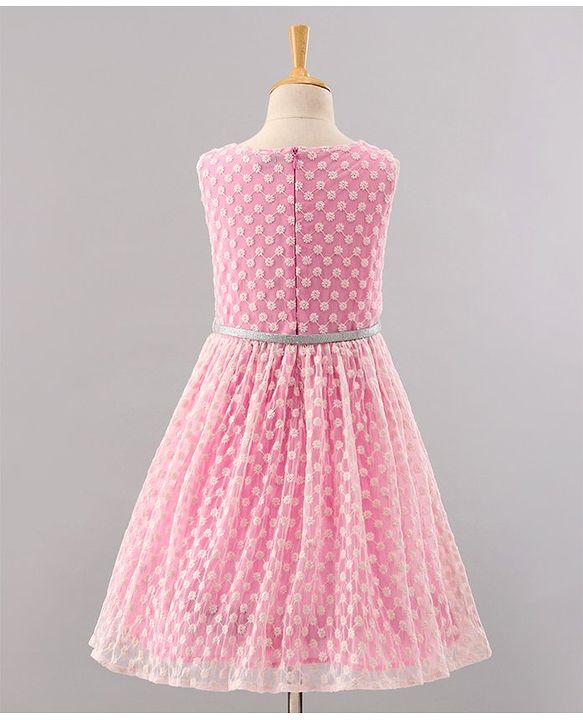 Pine Kids Sleeveless Frock with Nylon Mesh Embroidery All Over - Pink