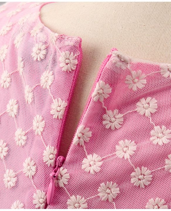 Pine Kids Sleeveless Frock with Nylon Mesh Embroidery All Over - Pink