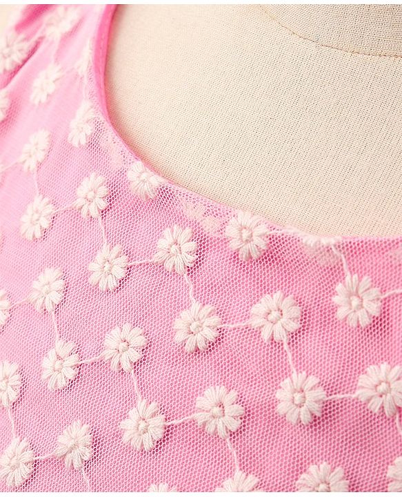 Pine Kids Sleeveless Frock with Nylon Mesh Embroidery All Over - Pink