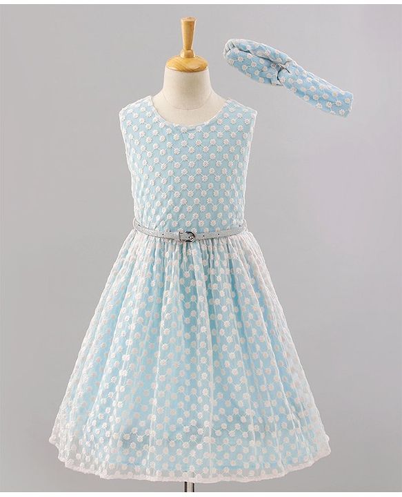 Pine Kids Sleeveless Frock with Nylon Mesh Embroidery All Over - Blue