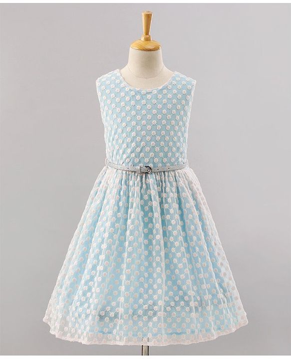 Pine Kids Sleeveless Frock with Nylon Mesh Embroidery All Over - Blue