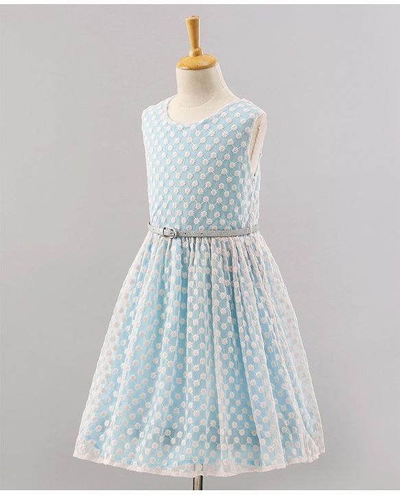 Pine Kids Sleeveless Frock with Nylon Mesh Embroidery All Over - Blue